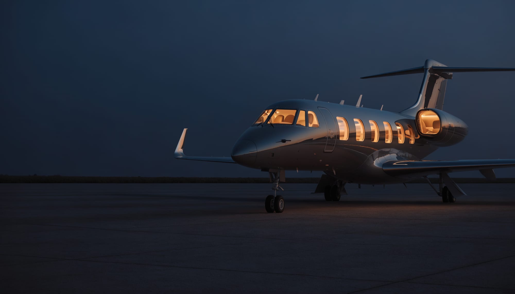A private business jet on the tarmac at blue hour, cabin windows glowing